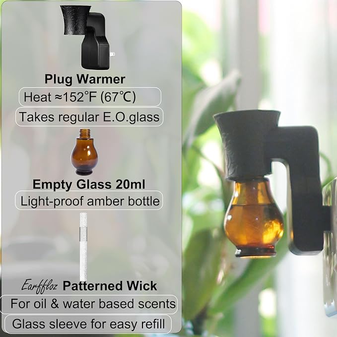 Plug in Oil Diffuser, 1 Set Blank for DIY Air Freshener Make Unique Home Scent Aromatherapy, Work with Essential Oil, EO+Water, Fragrance Refill for Plugins (Warmer + Glass + Wick)