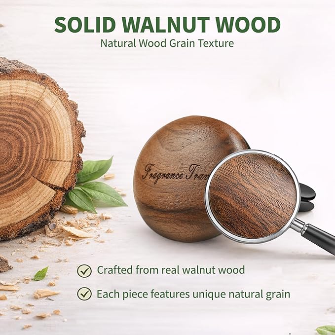 Wooden Car Air Freshener Vent Diffuser, Dark Brown Walnut Wood with Zinc Alloy Base, Refillable Essential Oil Compatible Car Vent Clip, Includes 4 Scented Pads, Long Lasting Natural Diffuser