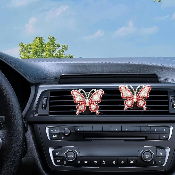 Bittwee 2PCS Bling Butterfly Car Freshener Air Vent Clips, Sparkling Crystal Rhinestone Auto Diffuser Clamps, Full Diamond Vehicle Interior Decoration Charm for Women Girls, Universal Fit（Red）