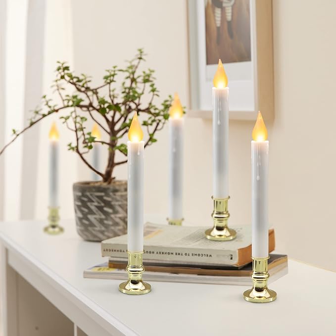 FURORA LIGHTING White Taper Candles with Gold Holders, Pack of 6-9.9" Flameless LED, 5/19 Auto Timer, Batteries Included - Wedding, Dinner & Home Decor