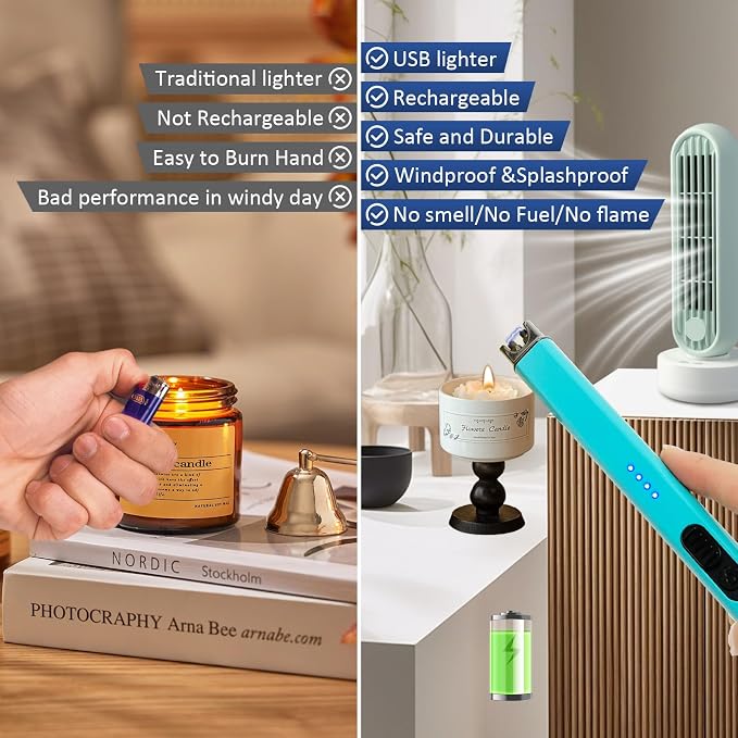 Elegant Electric Candle Lighter for Women with USB-C Charging, Portable and Easy to Use, Stylish Arc Lighter for Candles (Green)