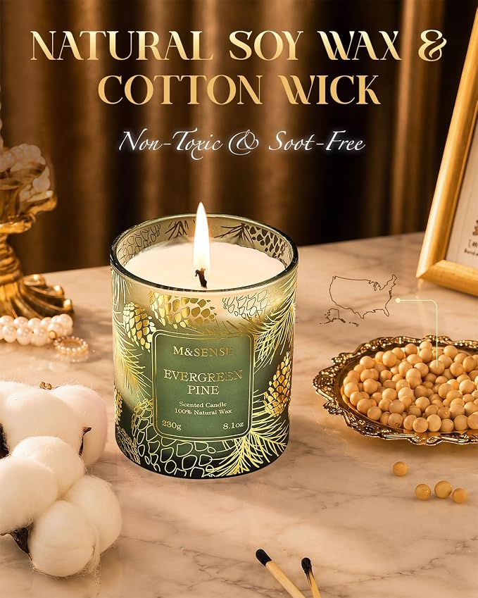 M&SENSE Evergreen Pine Vegan Soy Candles, 8.1oz 42-Hour Slow Burning Non Toxic, Aromatherapy Candle for Calming Home Fragrance, Housewarming Gifts