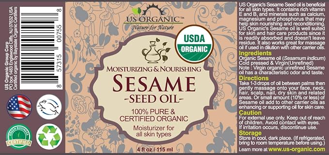 US Organic Sesame Seed Oil, USDA Certified Organic, Untoasted, Unrefined Virgin, 100% Pure & Natural, Cold Pressed, in Amber Glass Bottle w/Glass Eye dropper, Sourced from Mexico (4 oz (Large))