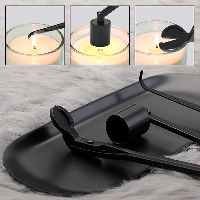 4 in 1 Candle Accessory Set, Candle Snuffer, Candle Wick Cutter, Candle Dipper, Storage Tray Plate, Candle Care Kit with Velvet Pouch for Candle Lover (Black)