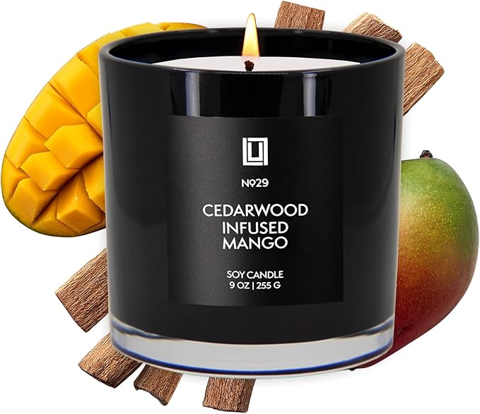 Lulu Candles | Cedarwood Infused Mango | Highly Scented Candles for Home - Soy Blend Jar Candle with 100% Cotton Wick - Slow Burning (9 Oz.)