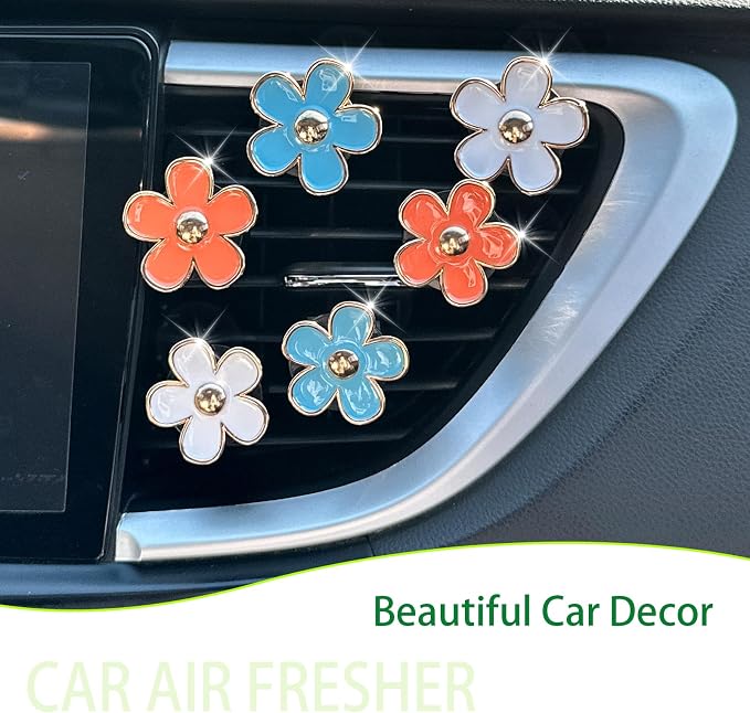 ORIESSE 6pcs Flowers Car Air Freshener Vent Clips,Blue Orange White Daisy Air Vent Clip Car Accessories for Women,3.3cm/3cm Flowers Vehicle Decor Refillable Diffuser