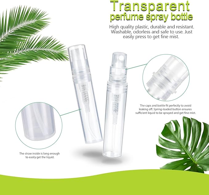 Fandamei 60 Pack 3ml Mini Spray Bottle, Clear Plastic Empty Cute Perfume Atomizer Bottle for Cleaning, Travel, Essential Oils, Perfume.