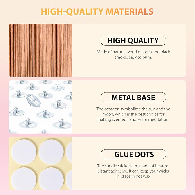 100 Pcs Cherry Wood Candle Wicks - Long-Lasting Flame, Stand & Glue Dot, DIY Candle Making Kit (Warning Label Included)