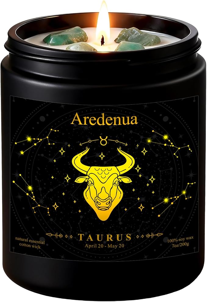 Taurus Birthday Gifts Candle | Zodiac Crystal Candles with Green Aventurine Healing Crystals - Balsamic Cedar Woody Scented Soy Candle, 7oz 50 Hour Burn, Unique Spiritual Astrology Gifts for Women Men