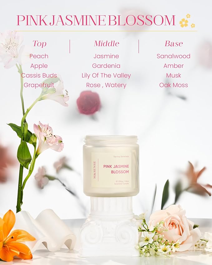 M&SENSE Jasmine & Rose Spring Scented Candles for Home, 11.6oz Organic Natural Soy Wax, 70-Hour Non Toxic Clean Burn, 2-Wick Home Fragrance Floral Scent, Romantic Smelling for Women