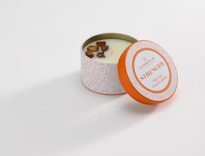 Luxury Candle Tin, 4 OZ, Strength - Tiger Eye Crystal Infused - Scents of Cedarwood, Amber, & Sage - Power, Courage, & Expansion - Coconut Wax Blend, Essential Oils, Dr. Developed