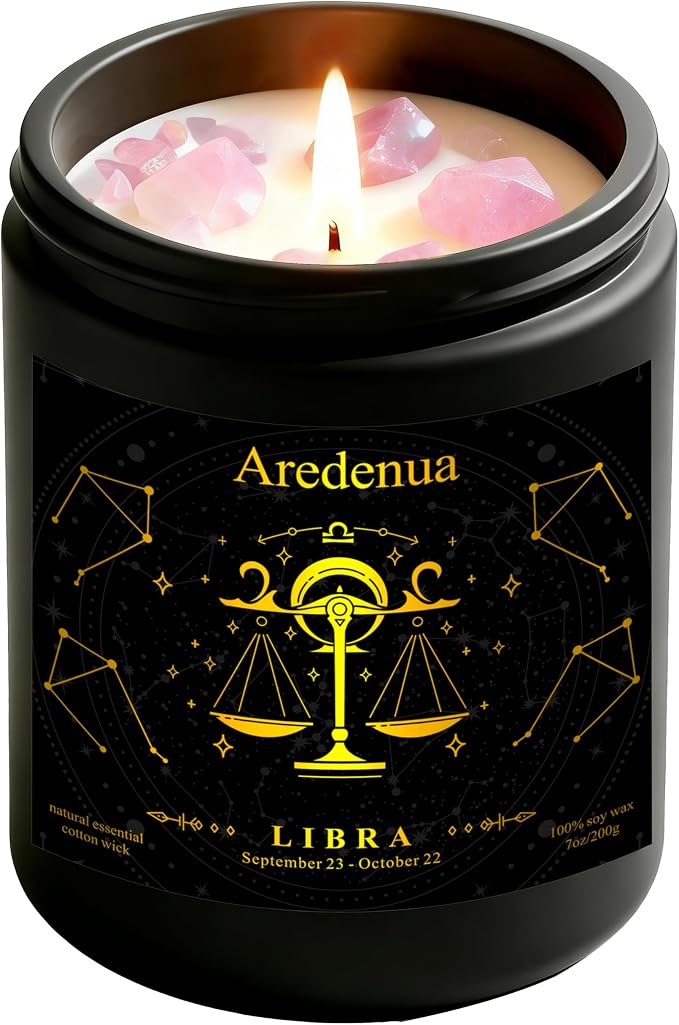 Libra Birthday Gifts Candle for Women | Zodiac Scented Candle with Rose Quartz Crystals - Warm & Cozy Scented Natural Soy Candle 7oz 50-Hour Burn, Healing Aromatherapy Candle for Relaxation Meditation
