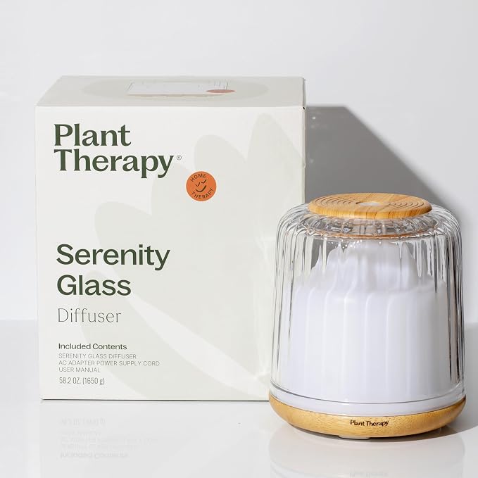 Plant Therapy Serenity Glass Diffuser, Elegant Glass Cover, Intermittent & Continuous Mist, Multiple Light Settings, Essential Oil Diffuser, 250 Square Feet Coverage