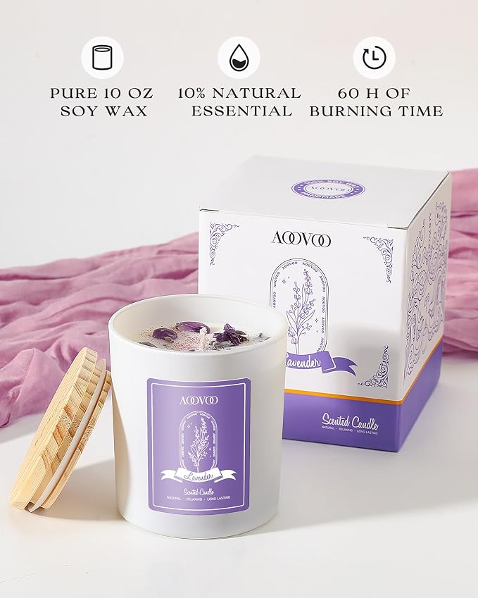 AOOVOO Lavender Scented Candle Set 2 Pack, Infused with Energy Crystals, The Scent Blends with The Energy to Create a Relaxing Atmosphere
