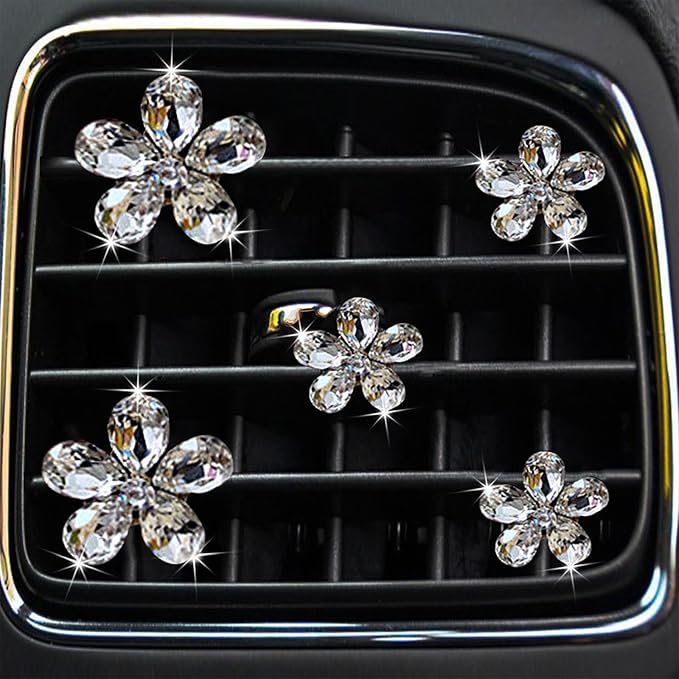 Bling Daisy Flower Car Air Vent Clips, 5PCS Sparkling Crystal Rhinestone Cute Vehicle Air Conditioning Clamp, Diamond Auto Air Outlet Clip Decor for Women Girls (White)
