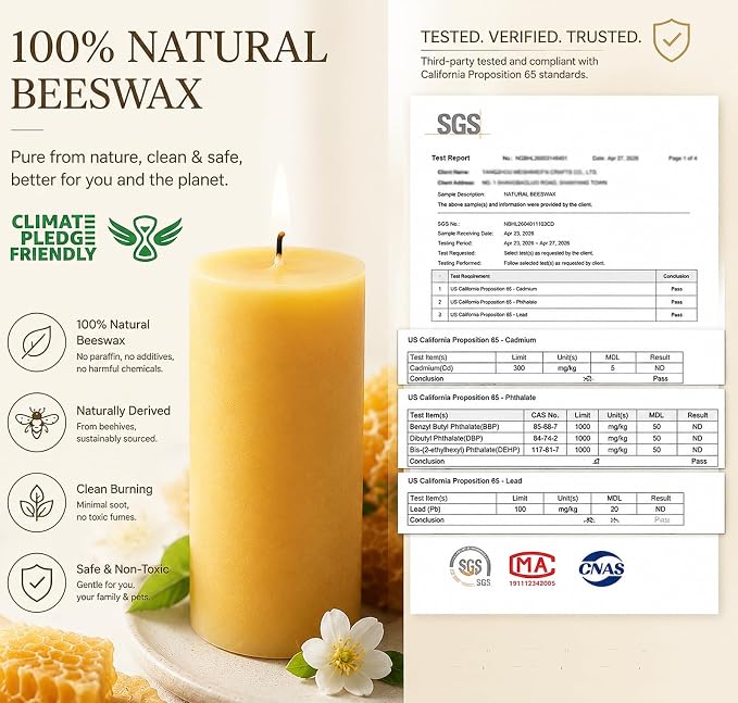 Beeswax Candles Pillar 2x4 Inch, 2 Packs, Non Toxic Bees Wax Candle for Home Decor, Natural Pure Pillar for Relax, Prayer, Air Purification, Emergency
