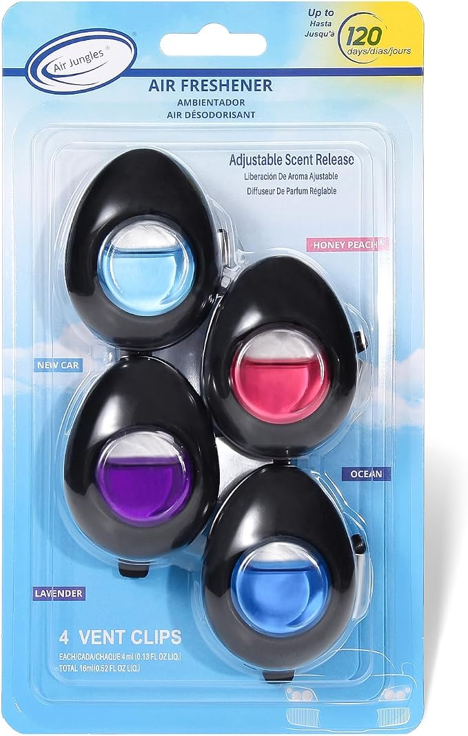 Air Jungles Car Air Freshener Vent Clip 4 Count, Variety Scent for Men and Women, Natural Fragrance with Essential Oil, Long-Lasting Car Odor Eliminator, Up to 120 Days