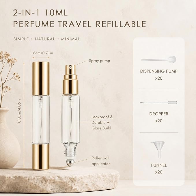 Domensi 20 Pack 10ml Dual-head Perfume Roller Bottles for Essential Oils, Travel Refillable Bottles with Roller Ball & Spray, Leakproof Travel Atomizer with Funnel Tool(Clear)