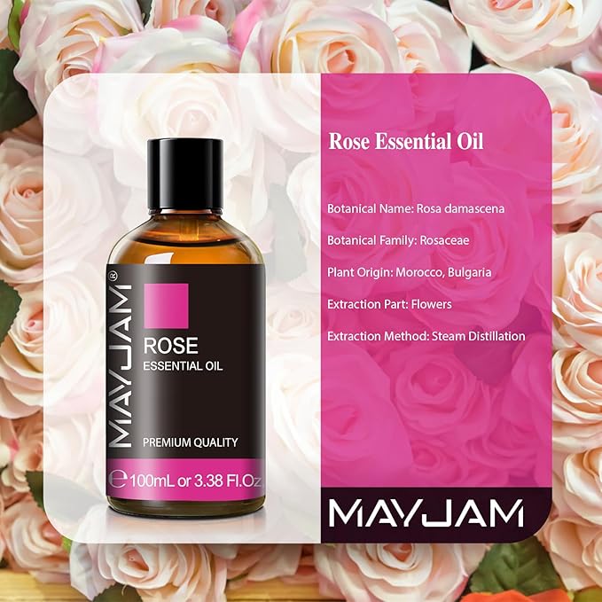 Rose Essential Oil, MAYJAM Essential Oils for Diffusers for Home, 3.38FL.OZ Large Volume Rose Oil for Soap Candle Making Massage