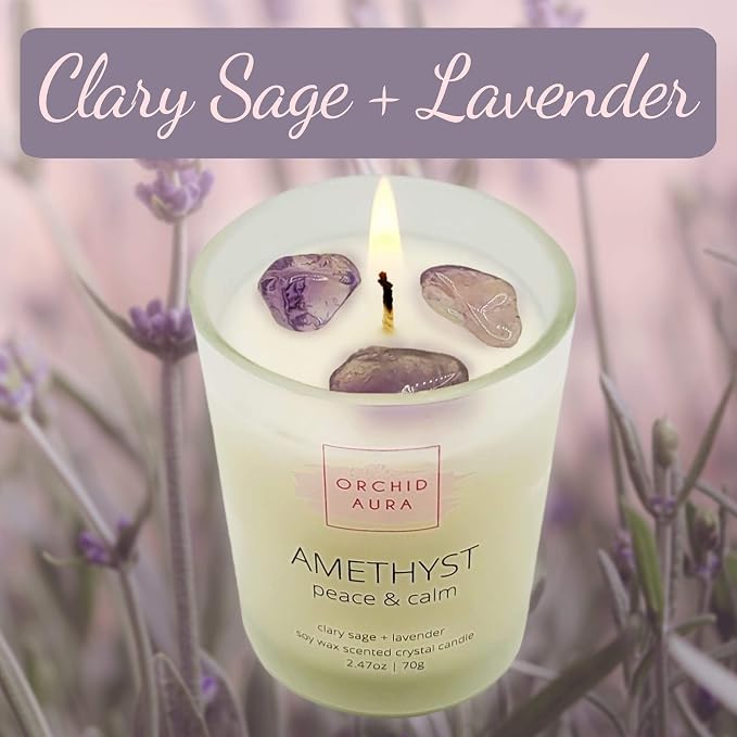 Soy Candles with Healing Crystals. Citrine, Rose Quartz, Amethyst Crystal. Eucalyptus + Lemongrass, Jasmine + Sandalwood, Clary Sage + Lavender. 3PC Scented Crystal Candle Set, 2.47oz Each