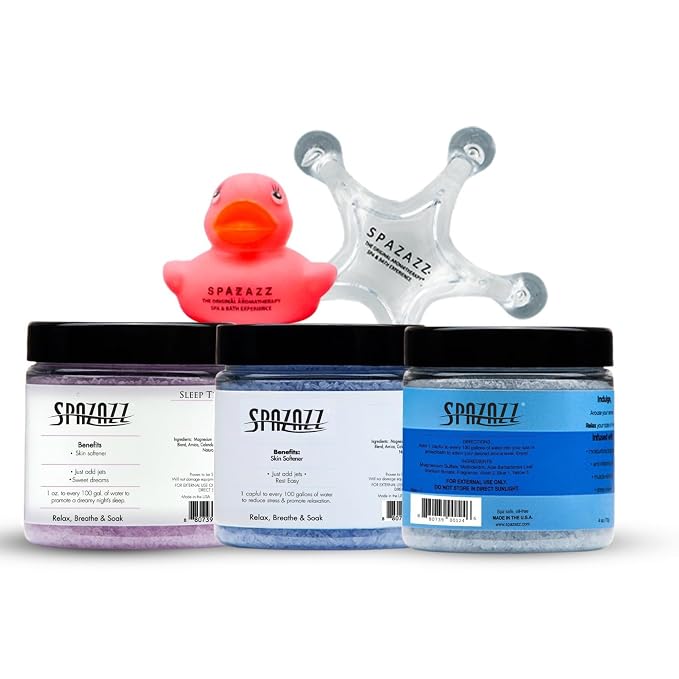 Spazazz Hot Tub Aromatherapy Spa Gift Set – Three 4 Oz Bath Salts in Sleep, Stress and Lavender Palmarosa with Tumbler, 5 Point Massager & Rubber Duck Bath Gift Set- Relaxing Gifts for Women