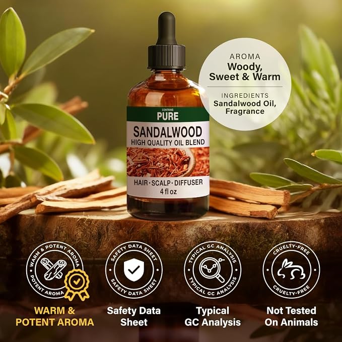 100% Pure Sandalwood Oil - 4 Fl Oz Sandalwood Essential Oil for Hair, Skin, Diffuser, Aromatherapy & DIY Soap Making Scent