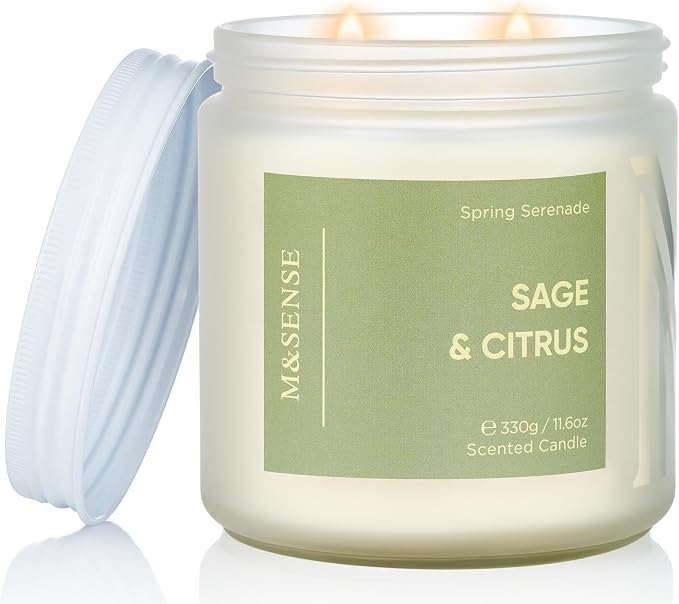 M&SENSE Sage Citrus Candles, 11.6oz Natural Soy Wax, 70 Hours Long Lasting, Non Toxic Clean Burning Candle for Home Scented, Fresh Smelling Aromatherapy 2 Wicks Glass Jar for Meditation Relaxation