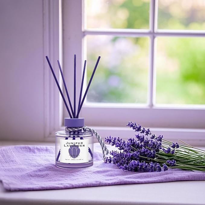 Juniper Lavender Reed Diffuser, 6.77OZ/200ML Large Capacity Natural Non-Toxic Oil, Long-Lasting Fragrance Reed Diffusers Set for Home and Bathroom, Aroma with 5 Reed Diffuser Sticks