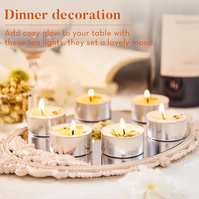 Crenovo Scented Tea Light Candles with Dried Jasmine Flowers, Soy Wax Tealight Candles, 6-7 Hours Burning for Weddings, Home, Spa, 8 Pcs, Jasmine Scent