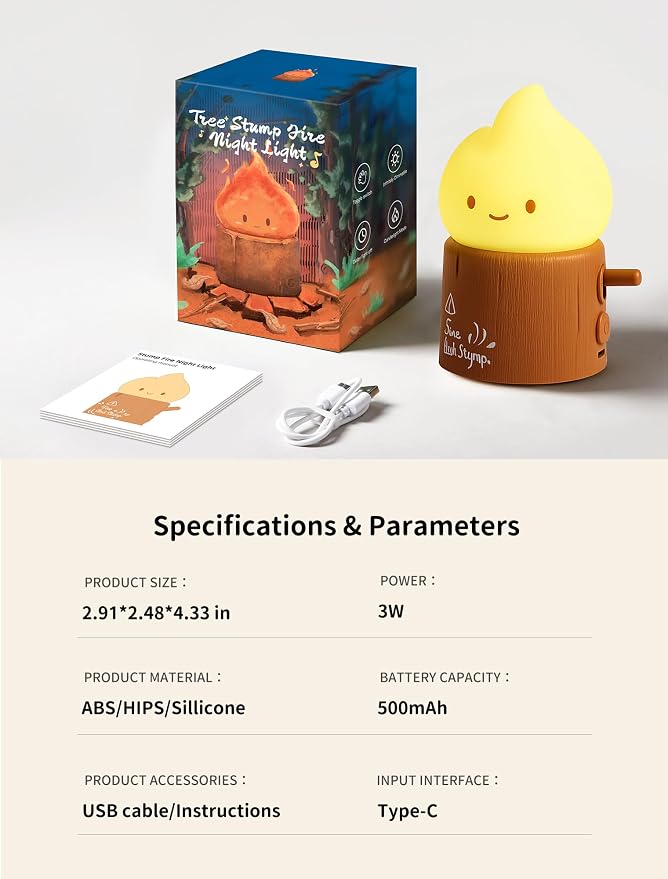 Stump Fire Night Light, Flameless Candles Lamp, Rechargeable Silicone Flame lamp, Portable Campfire Light, Cute Night Light for Bedroom, Outdoor, Camp, Funny Gifts for Kids Teens Adults