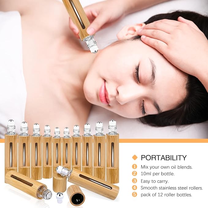 KALYLOC 12Pcs 10ml Bamboo Roll on Bottles for Essential Oils, Refillable Perfume Sample With Stainless Steel Roller, 2Pcs Openers and 2Pcs 3ml Funnels