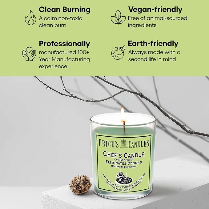 Price's - Chef's Jar Candle - Odour Eliminating Candle - Made with Basil, Patchouli & Geranium Extracts - Clean, Fresh, Quality Fragrance - Long Lasting Scent