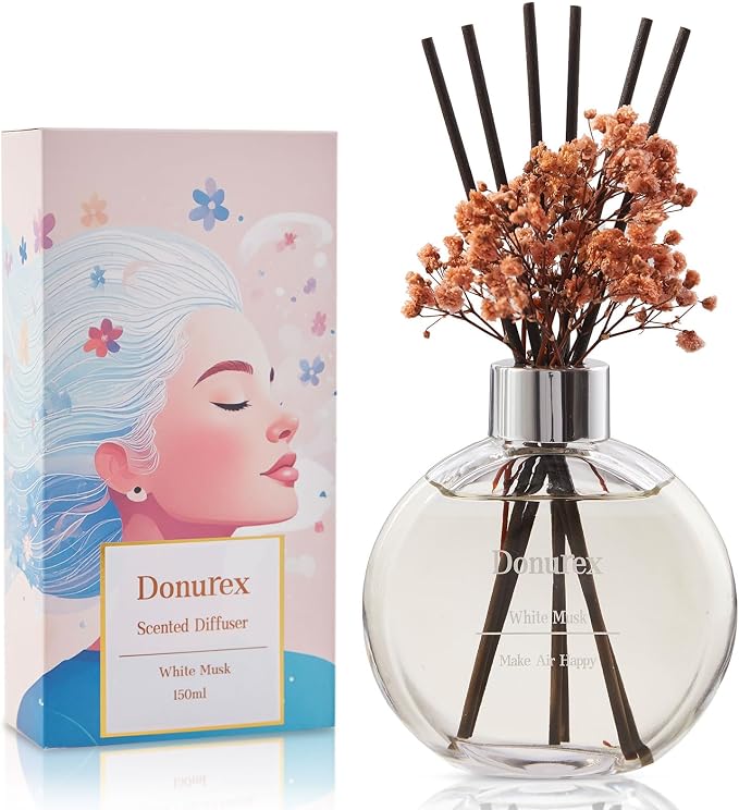 Flower Reed Diffuser Set 5.07oz White Musk Scent Diffuser with Sticks Home Fragrance Reed Diffuser for Bathroom Shelf Decor