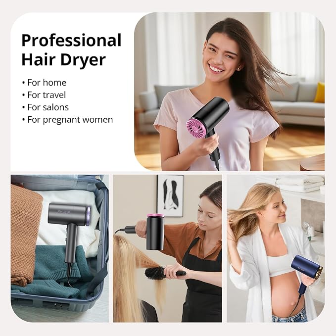 CrazyMar Hair Dryer, 1800W High Speed Blow Dryer for Fast Drying,500 Million Negative Ionic Hair Dryer, No Heat Damage, Lightweight, Blow Dryer with Diffuser for All Hair, Travel, Home (Back-1)