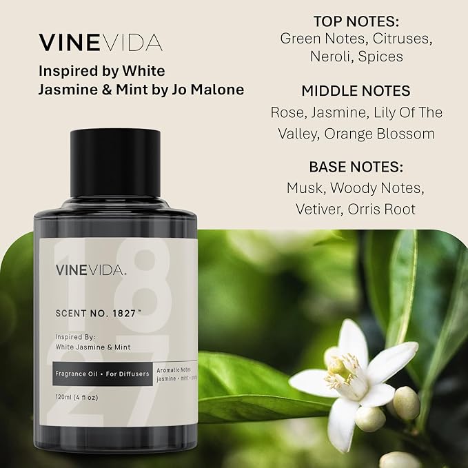 VINEVIDA [4 Oz] Inspired by: White Jasmine & Mint; Diffuser Oil Refill | Premium Scent Diffuser Oil for Home | Non-Toxic Fragrance
