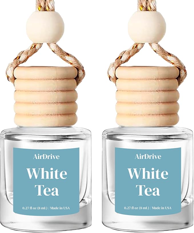 AirDrive Car Air Freshener - White Tea Hanging Oil Diffuser with Wooden Cap - Non-Toxic Rearview Mirror Accessory, Gift for Men & Women, Made in USA
