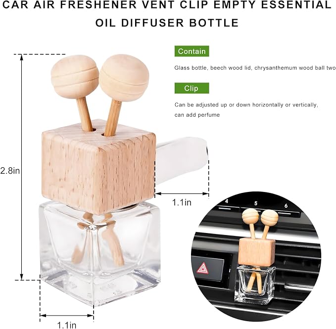 4PCS Car Diffuser Air Freshener Bottle, Refillable Empty Perfume Diffuser Vent Clip with Wooden Cap, Universal Essential Oil Glass Bottle Fragrance Ornament for Most Vehicles