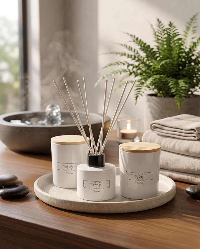 ASALY Luxury Candle & Reed Diffuser Gift Set - 2 Soy Wax Candles (30 Hr Burn) + 1 Reed Diffuser | White Tea, Mon Paris & Rose Oud Scents | Elegant Gift Box | Birthday, Anniversary, Mother's Day