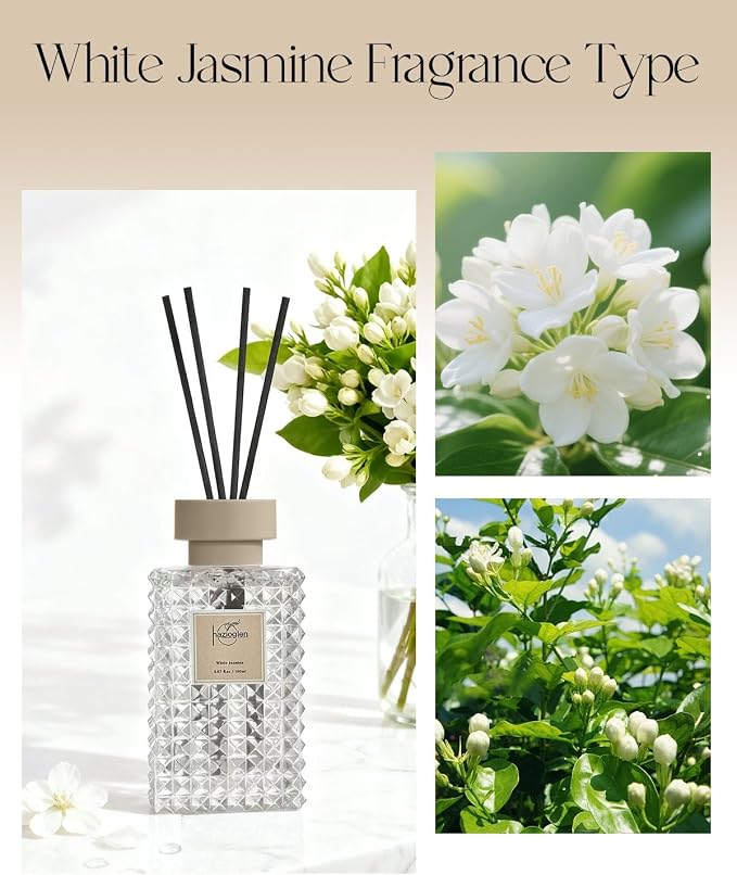 Reed Diffuser Set, White Jasmine Scented Home Fragrance Air Freshener for Bathroom Shelf Decor, 5.07 fl oz/150ml Essential Oil with Sticks