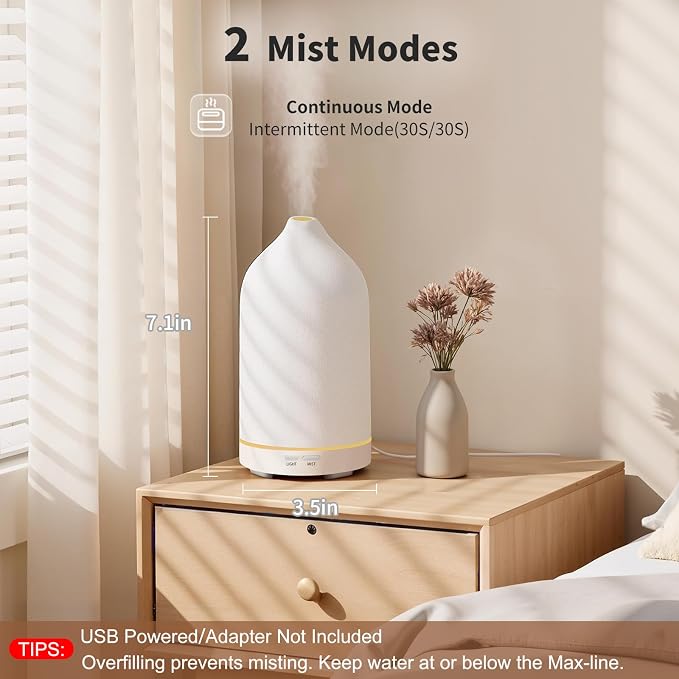 URPOWER 120ML Essential Oil Diffuser Ceramic Aromatherapy Diffuser with 7-Color LED Lights, Auto Shut-Off, 2 Mist Modes, Humidifier for Home Office Decor, Scent Diffuser for Yoga Spa