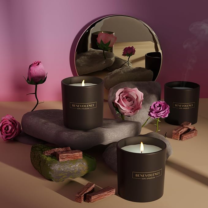 Benevolence LA Rose & Sandalwood Scented Candle – Long-Lasting, Clean-Burning – Luxury Natural Soy Candle for Home – Aromatherapy & Room Decor – 6oz