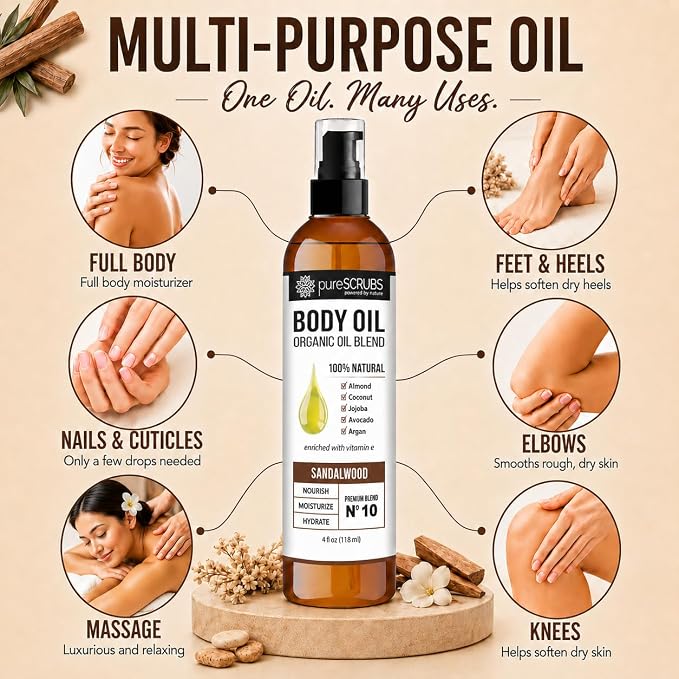 pureSCRUBS Ultra Moisturizing Sandalwood Body Oil for Dry Skin, Lightweight Full Body Moisturizer for Soft, Silky Skin, Massage & Cuticle Oil, Vitamin E Enriched, 4 oz