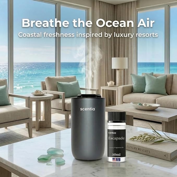 Scentia Escapade Hotel Scent Diffuser Oil – Luxury Fragrance Inspired by 5-Star Resort – 50 mL – Jasmine, Bergamot & Marine Essential Oil Blend for Home, Office & Aromatherapy Diffusers, Made in USA