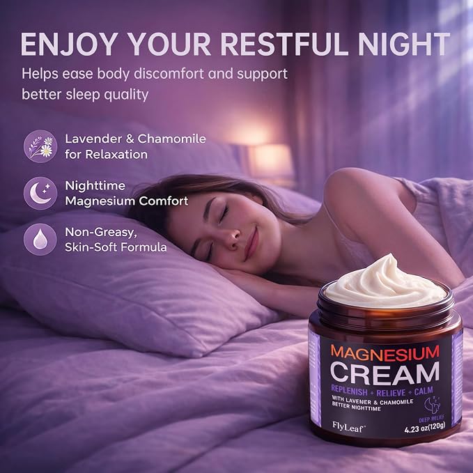Magnesium Cream for Sleep, Leg Cramps & Muscle Soreness, Total Relief Magnesium Cream with Lavender & Chamomile, Nighttime Body Lotion for Calm and Relaxation, 4.23 Ounces