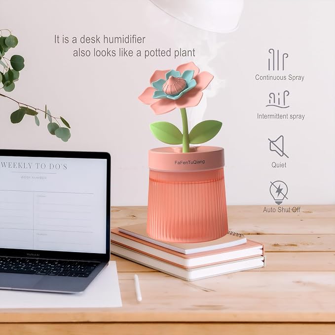 Bedroom Mini Humidifier Cute, Auto Shut Off 260ml With Flower, Cool Mist, 7 Colors Night Light, Quiet, Portable Ultrasonic Essential Oil Diffuser for Plants Office Travel