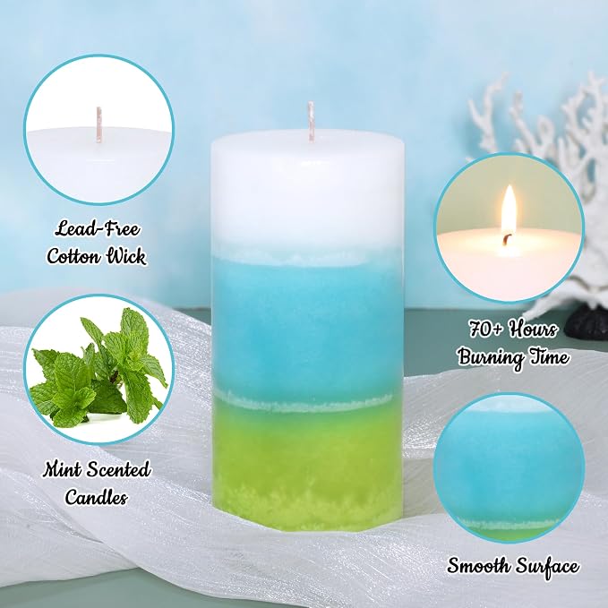 Mint Scented Pillar Candles - 3x6 inch Aromatherapy Candles, Long Lasting 70+Hours Clean Burning, Perfect for Meditation Spaces, Home Offices