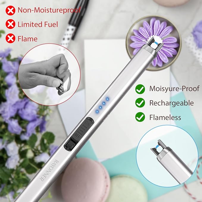 Electric Candle Lighter, Windproof Flameless USB Rechargeable Plasma Arc Lighter for Grill Firework Kitchen Camping (1 Pack - White)