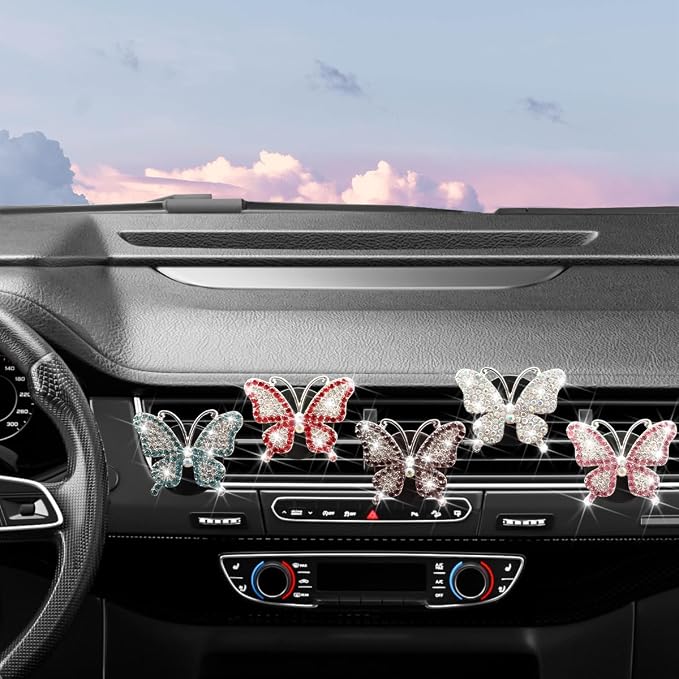 Bittwee 2PCS Bling Butterfly Car Freshener Air Vent Clips, Sparkling Crystal Rhinestone Auto Diffuser Clamps, Full Diamond Vehicle Interior Decoration Charm for Women Girls, Universal Fit（Pink）