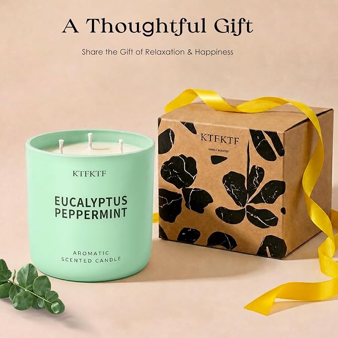 Eucalyptus Peppermint Scented Candle for Home, 14.1oz 80 Hours Long Lasting Aromatherapy Candles for Stress Relief & Energy, Non-Toxic Essential Oil & Soy Wax | Cooling Mint & Woody Aroma