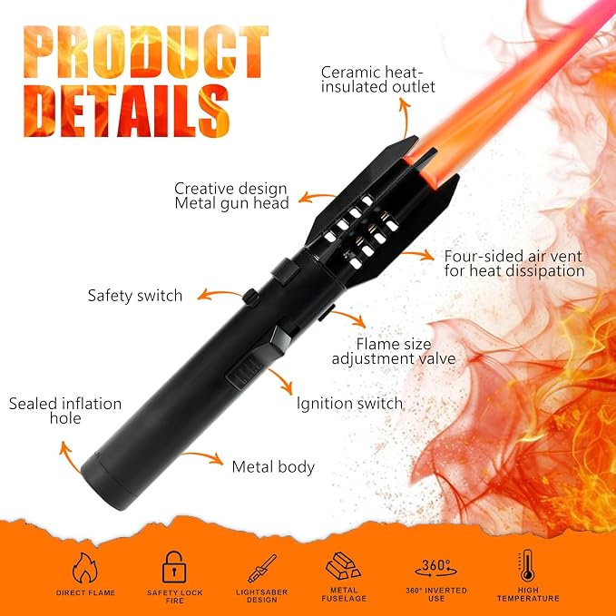 Camping Torch Lighter, Bright Fire Windproof Butane Refillable Straight Flame Lighter with Safety Lock and Adjustable Red Blue Flame for Outdoor Campfires BBQ Baking Kitchen Candles (Silver)
